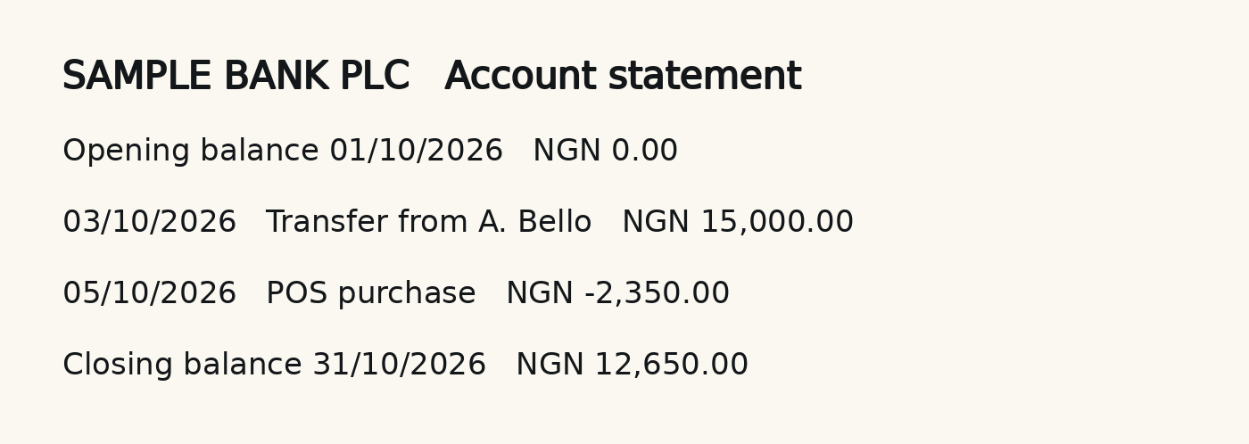 Photo of part of a sample bank statement with an opening balance, two transactions on 3 and 5 October 2026, and the closing balance.