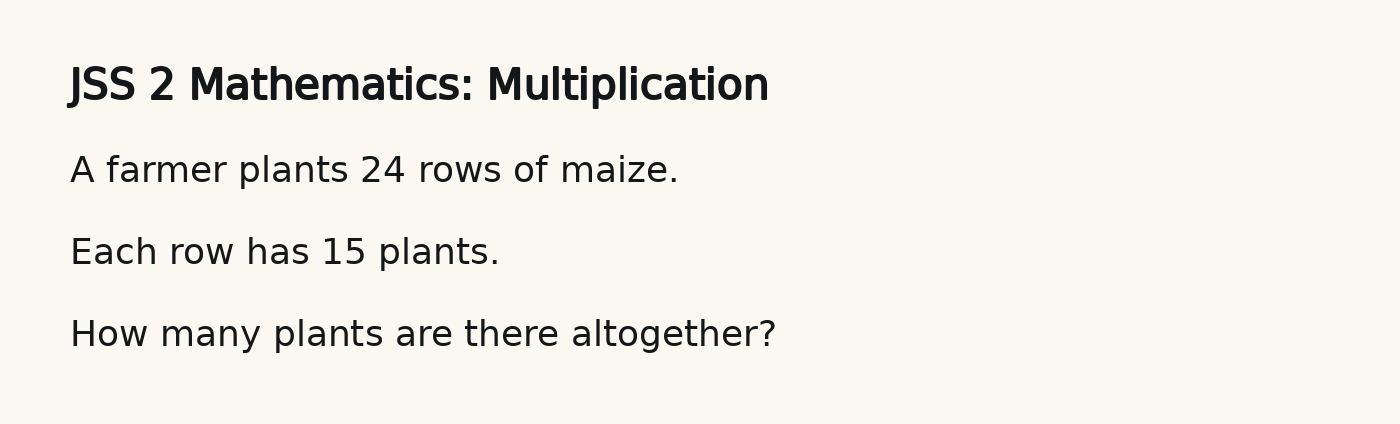 Photo of a printed JSS 2 mathematics question: a farmer plants 24 rows of maize with 15 plants in each row. How many plants are there altogether?